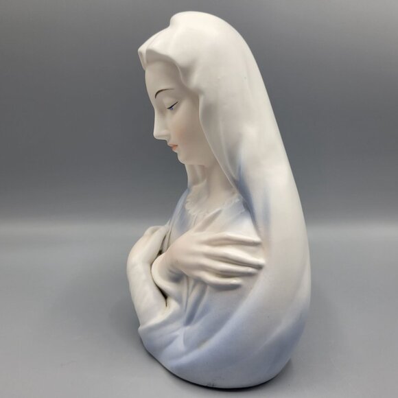 Vintage Enesco Japan Virgin Mary Ceramic Bust Figurine Blue White Religious Deco - Picture 7 of 14